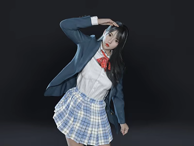 Woman in Blue Blazer White Shirt Red Bow Tie Plaid Skirt Posed on Black Background 3d model