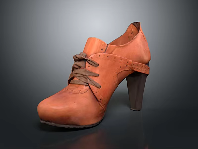 Brown Leather Lace Up High Heels With Block Heel And Perforated Design 3d model
