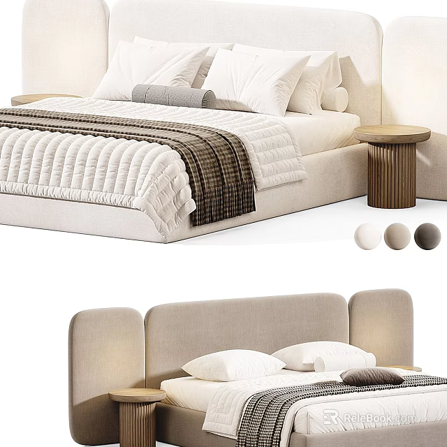 Modern Minimalist Double Bed With Upholstered Headboard White Pillows And Wooden Nightstand 3d model 