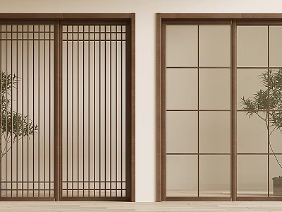 Modern Sliding Doors With Vertical Grilles And Glass Panes In Wooden Frames For Interior Design 3d model