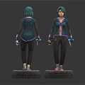 3D Female Character Models With Green Hair Purple Trim Outfit And Tire Base Stand