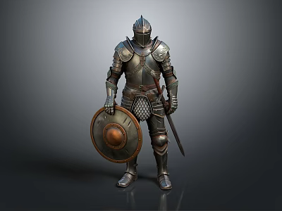 Man In Medieval Knight Armor Holding Shield And Sword Standing 3d model