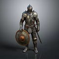Man In Medieval Knight Armor Holding Shield And Sword Standing