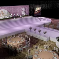 Garden Landscape With Outdoor Purple Stage Steps Tables And Decorative Vases