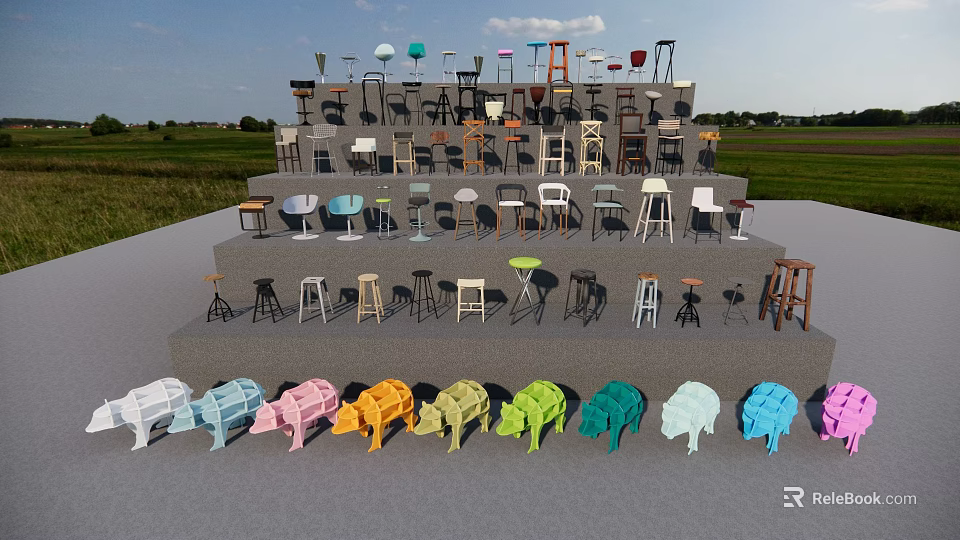 Assorted Bar Stools Displayed On Tiered Platform With Various Colors And Designs 3d model
