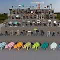 Assorted Bar Stools Displayed On Tiered Platform With Various Colors And Designs 3d model