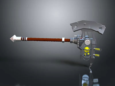 Mechanical Axe Design With Wooden Handle Metal Head Yellow Gears And Spring Components 3d model