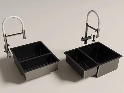 Black Stainless Steel Double Bowl Modern Kitchen Sink with Curved Faucet 3d model