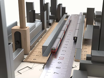 Decorative Ornament Set With City Model Ruler Track And Red Small Train 3d model