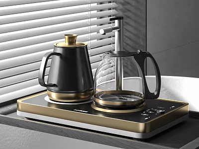 Modern Black And Gold Kitchen Appliances With Electric Kettle Glass Coffee Pot And Heating Plate 3d model