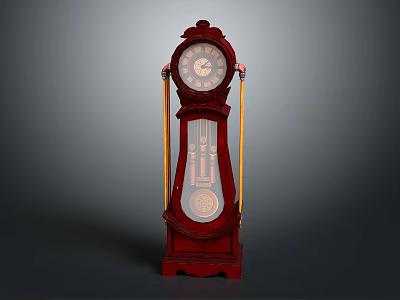 Vintage Red Wooden Grandfather Clock With Carved Details Round Dial And Pendulum 3d model