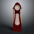 Vintage Red Wooden Grandfather Clock With Carved Details Round Dial And Pendulum