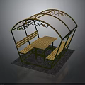Outdoor Shelter With Transparent Canopy Metal Frame Wooden Table Benches And Decorative Scrolls