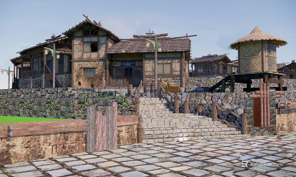 Traditional Homestay Architecture With Wooden Structure Stone Walls Stone Steps And Thatched Roof 3d model 