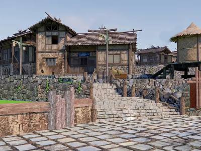 Traditional Homestay Architecture With Wooden Structure Stone Walls Stone Steps And Thatched Roof 3d model