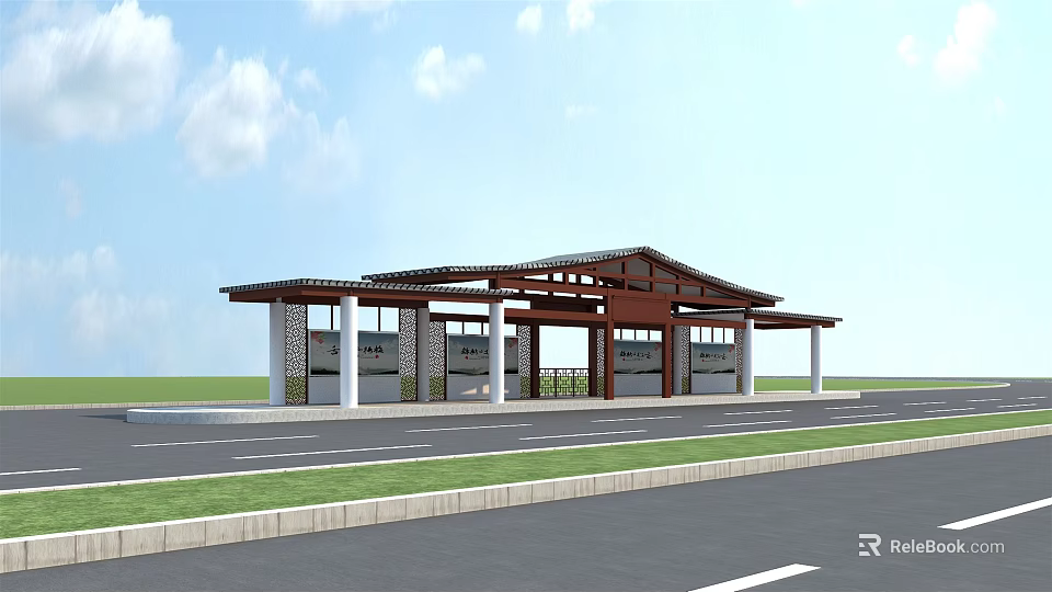 Traditional Bus Station with Open Structure Wooden Roof Surrounded by Grass Road Under Blue Sky 3d model 