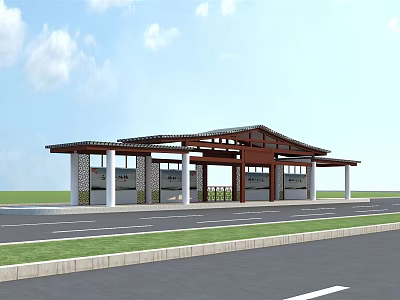 Traditional Bus Station with Open Structure Wooden Roof Surrounded by Grass Road Under Blue Sky 3d model
