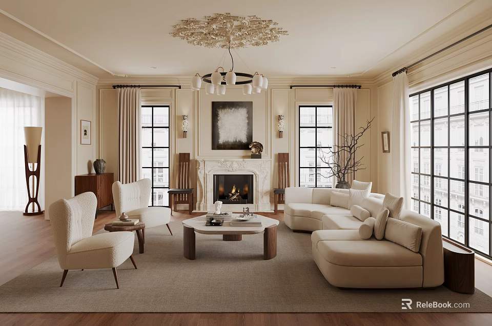 Elegant Living Room Interior With Fireplace Chandelier Sofa Coffee Table And Large Windows 3d model 