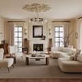 Elegant Living Room Interior With Fireplace Chandelier Sofa Coffee Table And Large Windows 3d model