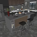 Modern Kitchen Interior Design Featuring Bar Counter With Stools Gray Cabinets And Plants