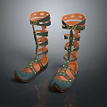 Green Knee High Shoes With Stylish Straps And Decorative Brown Soles