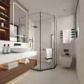 Modern Bathroom Interior With Glass Shower Enclosure White Sink Wooden Cabinet And Towel Rack