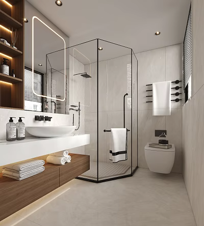 Modern Bathroom Interior With Glass Shower Enclosure White Sink Wooden Cabinet And Towel Rack 3d model