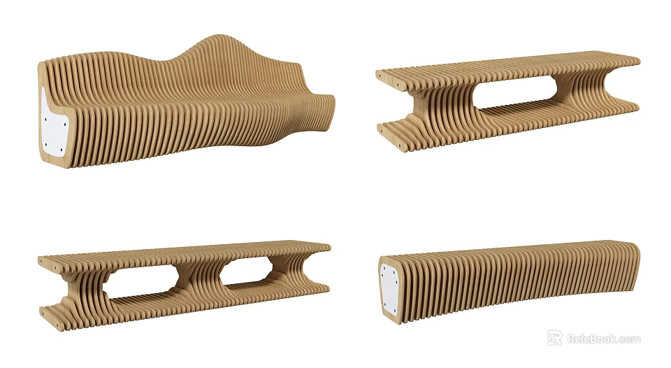 Wooden Public Chair With Wavy Texture And Unique Hollow Design Structure 3d model 