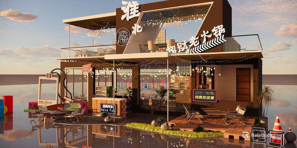 Huaibei Hi Time Hotpot Restaurant With Outdoor Terrace String Lights And Glass Facade 3d model 