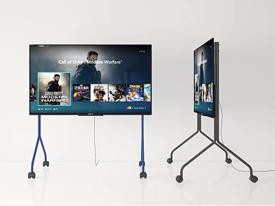 Modern TVs on Wheeled Mobile Stands Display Gaming Media Content 3d model