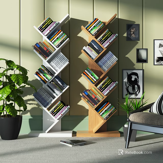Spiral Wooden And White Bookcase With Books Green Plant And Wall Art In Living Room 3d model 