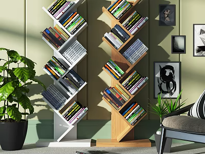 Spiral Wooden And White Bookcase With Books Green Plant And Wall Art In Living Room 3d model