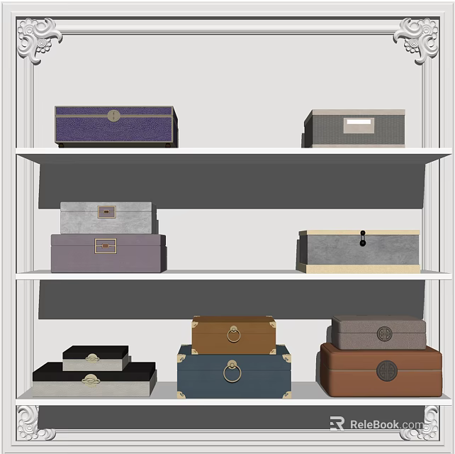 Ornamental Decoration Collection With Various Colored Storage Boxes On Multi Layer Shelves 3d model 
