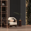 Elegant White Single Sofa In Modern Living Room With Wooden Side Table Plant And Bookshelf