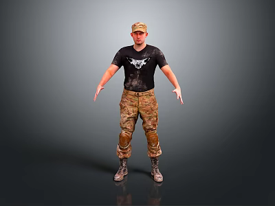 Game Movie Character With Black T-Shirt Camouflage Pants Boots and Cap Standing Pose 3d model