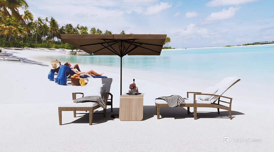 Comfortable Beach Lounge Chairs With Umbrella Side Table And Palm Trees By Ocean 3d model