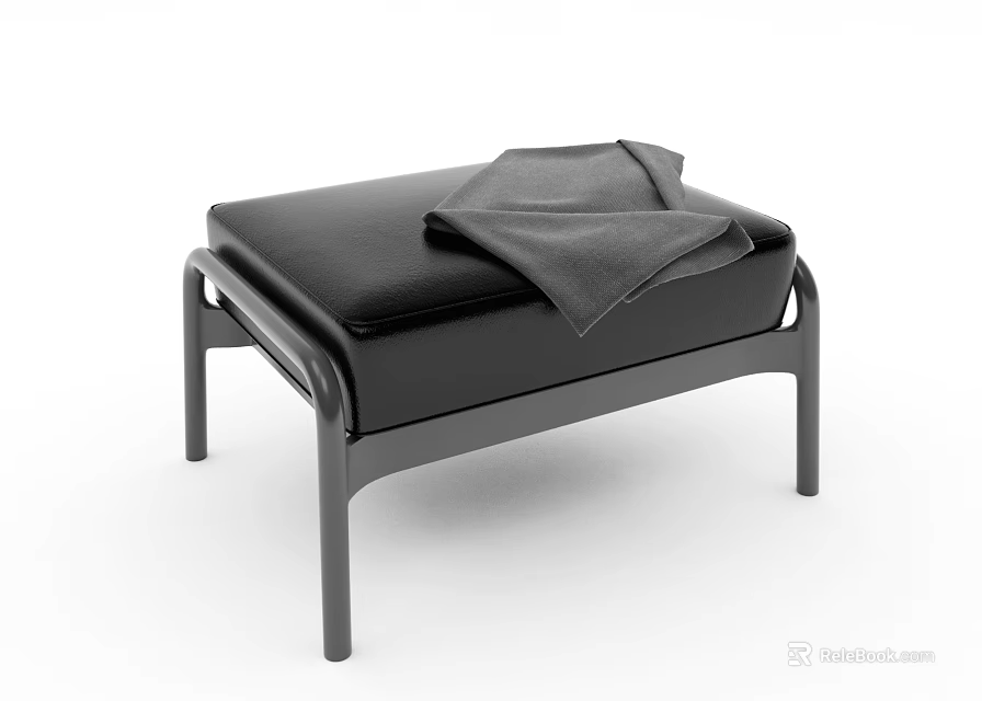 Modern Black Leather Ottoman With Metal Frame And Folded Cloth On Top 3d model 