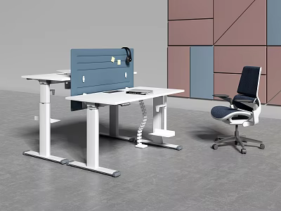 White Height Adjustable Office Desk With Blue Privacy Screen Black Chair And Geometric Wall 3d model
