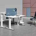 White Height Adjustable Office Desk With Blue Privacy Screen Black Chair And Geometric Wall