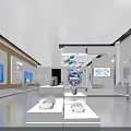 Modern Exhibition Hall With White Display Stands Digital Screens And Blue Pendant Lights