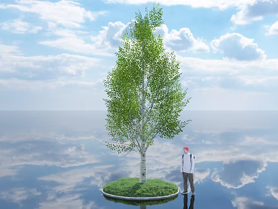 Leafy Green Tree With White Trunk On Grassland Against Blue Sky White Clouds Water Reflection 3d model