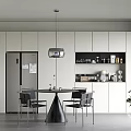 Modern Restaurant Interior With White Cabinets Black Dining Table Silver Pendant Light And Green Plant