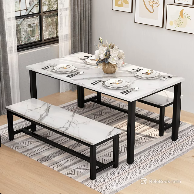 Modern Open Concept Restaurant Interior With Marble Dining Table Bench Tableware And Flower Arrangement 3d model