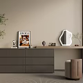 Modern Gray Dressing Table With Drawer Cabinet Irregular Mirror Potted Plant And Brown Stool 3d model