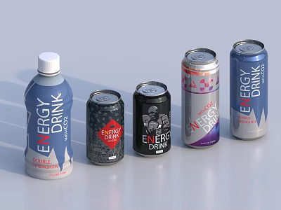 Various Energy Drinks With Different Packaging Designs In Cans And Bottles 3d model