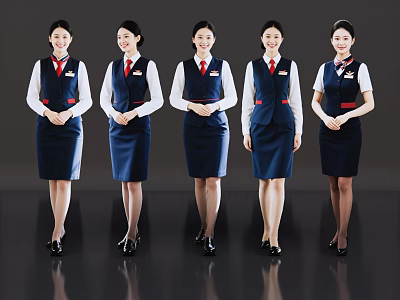 Women In Smart Blue Flight Attendant Uniforms Standing In A Row 3d model