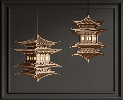 Traditional Wooden Pagoda Style Chandeliers With Layered Tiers And Window Details 3d model