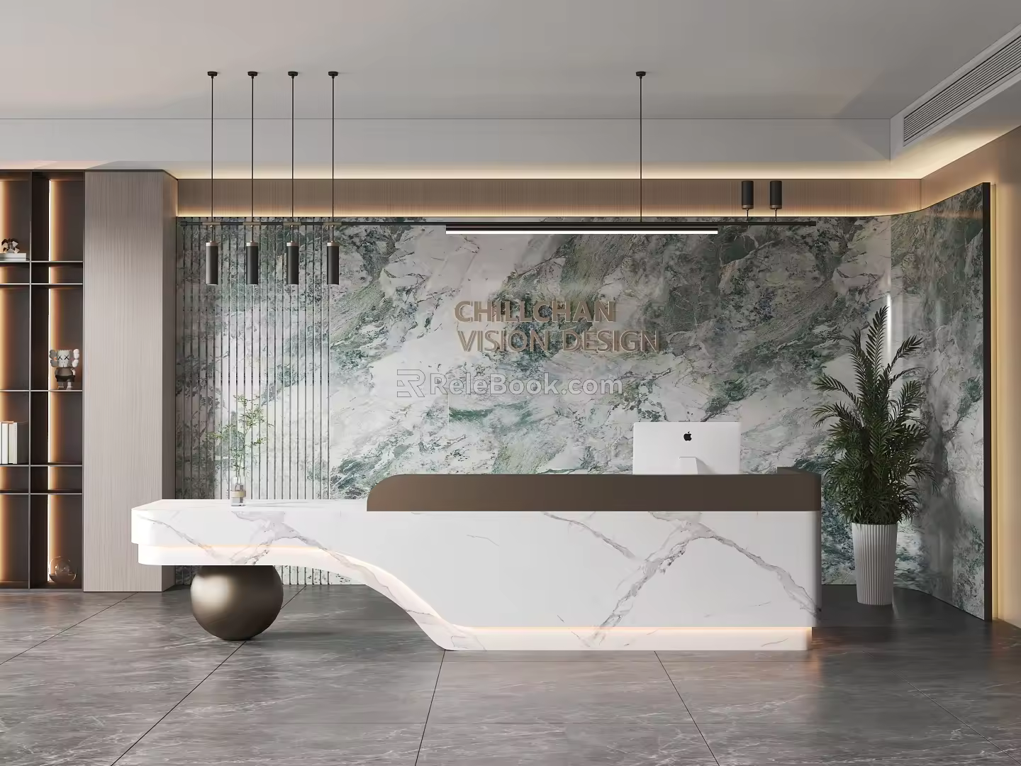 Modern company front desk background wall sofa reception area sofa chandelier 3d model