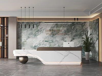 Modern Reception Desk With Marble Countertop Hanging Lights Decorative Wall And Potted Plant 3d model
