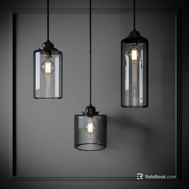 Three Modern Glass Pendant Lights with Cylindrical Shades Hanging Illuminated in Neutral Background 3d model 
